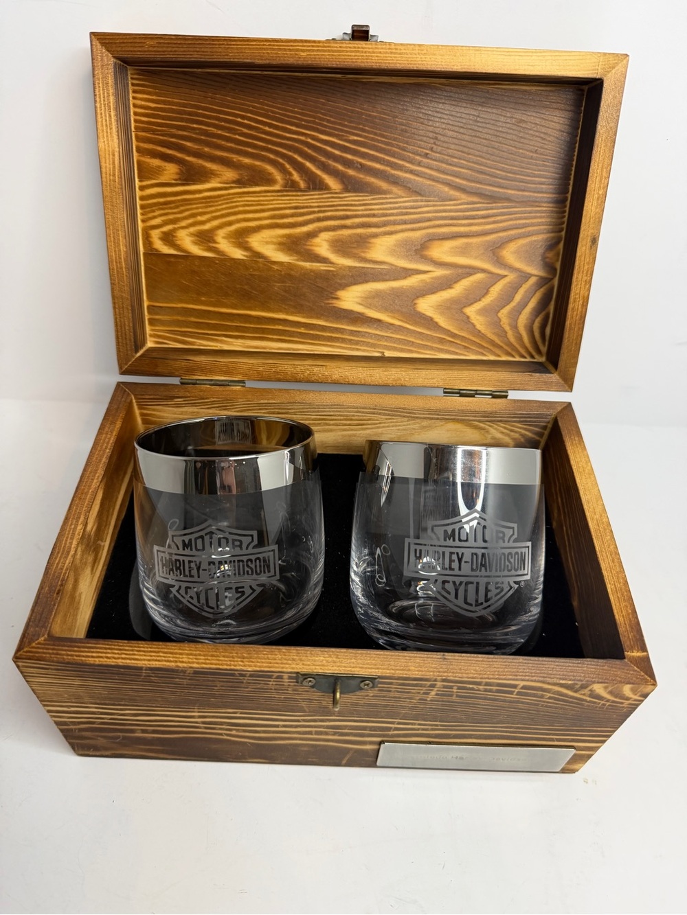 Harley-Davidson Official Whiskey Glass Gift Set 2 - Rustic Wooden Box Toledo